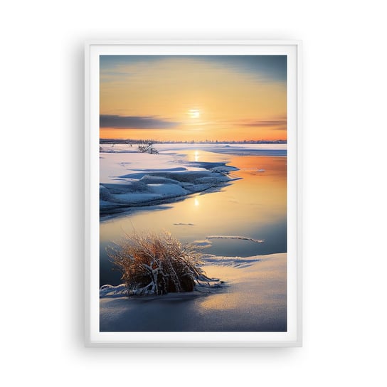 Obraz - Plakat - Zimowy zachód słońca - 70x100cm - Zima Rzeka Krajobraz - Foto Plakaty w ramie koloru białego do Salonu Sypialni ARTTOR ARTTOR