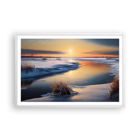 Obraz - Plakat - Zimowy zachód słońca - 91x61cm - Zima Rzeka Krajobraz - Foto Plakaty na ścianę w ramie białej - Plakat do Salonu Sypialni ARTTOR ARTTOR