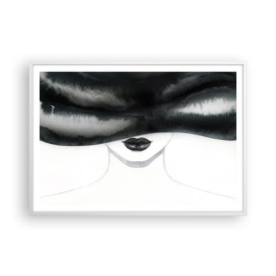 Obraz - Plakat - Zmysłowa tajemnica - 100x70cm - Kobieta W Kapeluszu Modelka Czarno-Biały - Foto Plakaty w ramie koloru białego do Salonu Sypialni ARTTOR ARTTOR