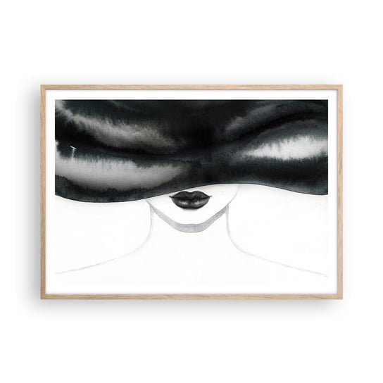 Obraz - Plakat - Zmysłowa tajemnica - 100x70cm - Kobieta W Kapeluszu Modelka Czarno-Biały - Foto Plakaty w ramie koloru jasny dąb do Salonu Sypialni ARTTOR ARTTOR