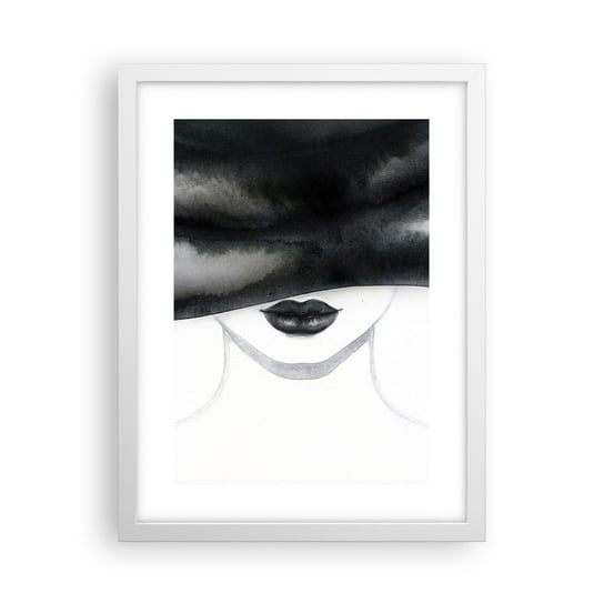 Obraz - Plakat - Zmysłowa tajemnica - 30x40cm - Kobieta W Kapeluszu Modelka Czarno-Biały - Foto Plakaty na ścianę w ramie białej - Plakat do Salonu Sypialni ARTTOR ARTTOR