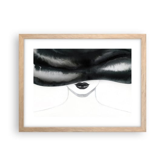 Obraz - Plakat - Zmysłowa tajemnica - 40x30cm - Kobieta W Kapeluszu Modelka Czarno-Biały - Foto Plakaty na ścianę w ramie jasny dąb - Plakat do Salonu Sypialni ARTTOR ARTTOR