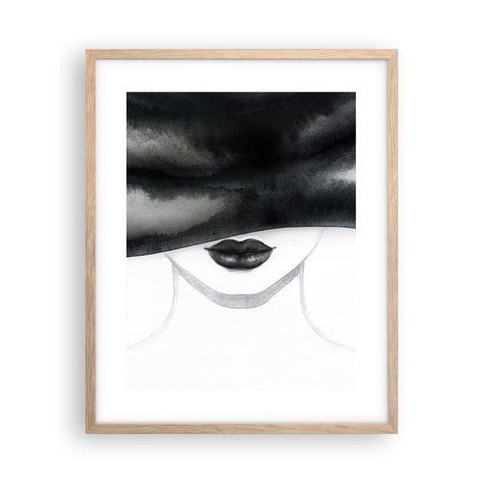 Obraz - Plakat - Zmysłowa tajemnica - 40x50cm - Kobieta W Kapeluszu Modelka Czarno-Biały - Foto Plakaty w ramie koloru jasny dąb do Salonu Sypialni ARTTOR ARTTOR