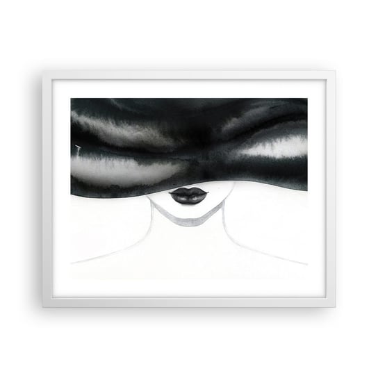 Obraz - Plakat - Zmysłowa tajemnica - 50x40cm - Kobieta W Kapeluszu Modelka Czarno-Biały - Foto Plakaty w ramie koloru białego do Salonu Sypialni ARTTOR ARTTOR