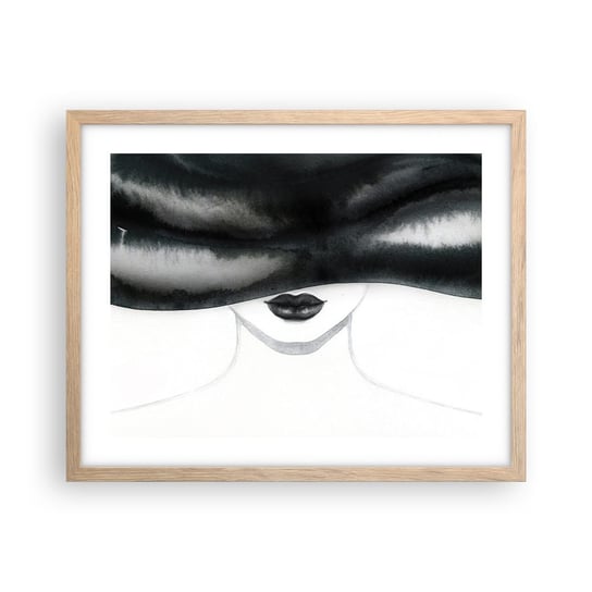Obraz - Plakat - Zmysłowa tajemnica - 50x40cm - Kobieta W Kapeluszu Modelka Czarno-Biały - Foto Plakaty w ramie koloru jasny dąb do Salonu Sypialni ARTTOR ARTTOR