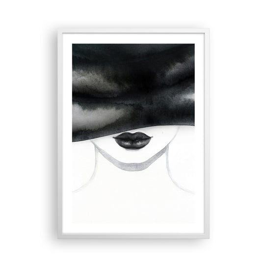 Obraz - Plakat - Zmysłowa tajemnica - 50x70cm - Kobieta W Kapeluszu Modelka Czarno-Biały - Nowoczesny modny obraz Plakat rama biała ARTTOR ARTTOR