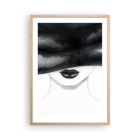 Obraz - Plakat - Zmysłowa tajemnica - 50x70cm - Kobieta W Kapeluszu Modelka Czarno-Biały - Nowoczesny modny obraz Plakat rama jasny dąb ARTTOR ARTTOR