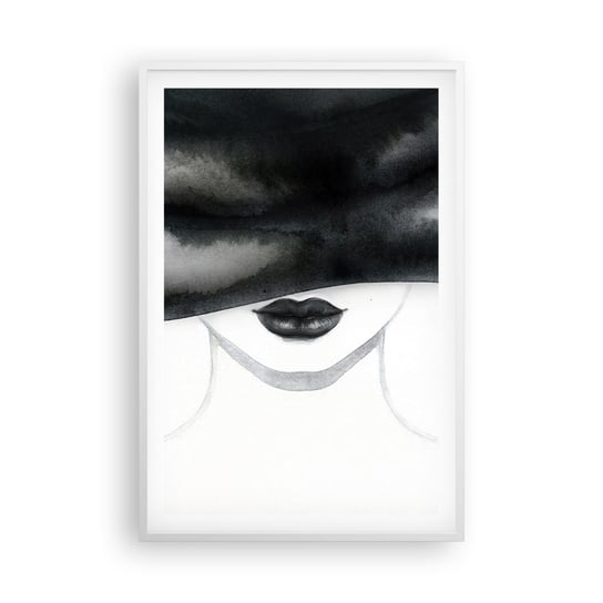 Obraz - Plakat - Zmysłowa tajemnica - 61x91cm - Kobieta W Kapeluszu Modelka Czarno-Biały - Foto Plakaty na ścianę w ramie białej - Plakat do Salonu Sypialni ARTTOR ARTTOR