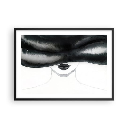 Obraz - Plakat - Zmysłowa tajemnica - 70x50cm - Kobieta W Kapeluszu Modelka Czarno-Biały - Nowoczesny modny obraz Plakat czarna rama ARTTOR ARTTOR