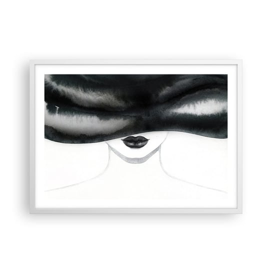 Obraz - Plakat - Zmysłowa tajemnica - 70x50cm - Kobieta W Kapeluszu Modelka Czarno-Biały - Nowoczesny modny obraz Plakat rama biała ARTTOR ARTTOR