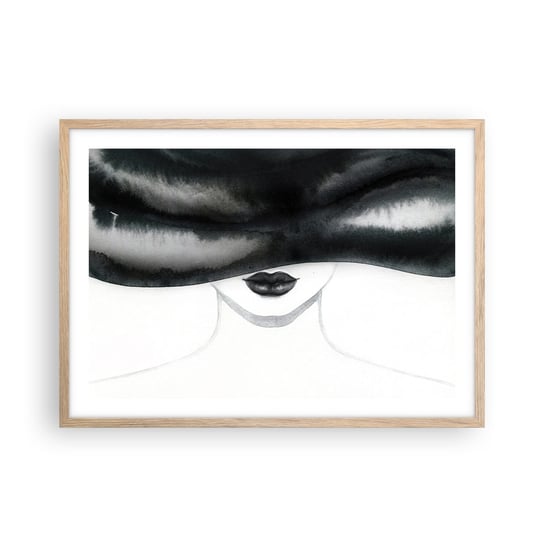 Obraz - Plakat - Zmysłowa tajemnica - 70x50cm - Kobieta W Kapeluszu Modelka Czarno-Biały - Nowoczesny modny obraz Plakat rama jasny dąb ARTTOR ARTTOR