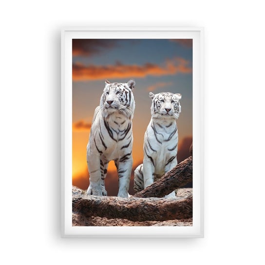 Obraz - Plakat - Zupełnie jak w Narni - 61x91cm - Zwierzęta Tygrys Zachód Słońca - Foto Plakaty na ścianę w ramie białej - Plakat do Salonu Sypialni ARTTOR ARTTOR