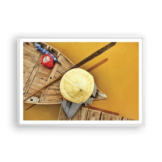 Obraz - Plakat - Życie na żółtej rzece - 100x70cm - Rzeka Mekong Łódka Drewniany Pomost - Foto Plakaty w ramie koloru białego do Salonu Sypialni ARTTOR ARTTOR