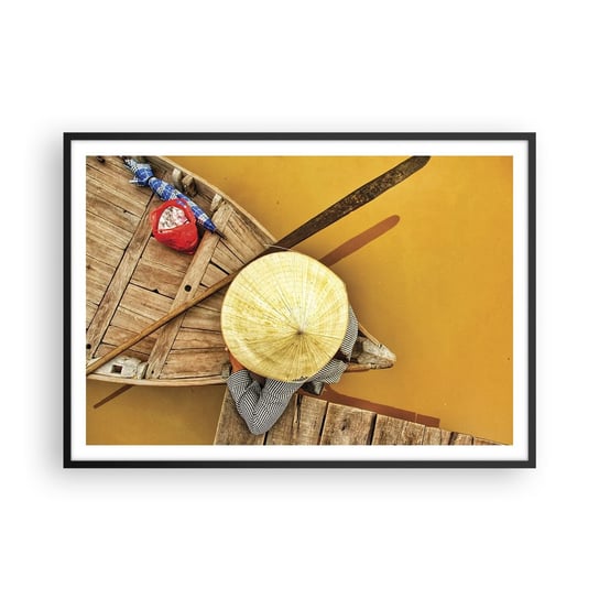 Obraz - Plakat - Życie na żółtej rzece - 100x70cm - Rzeka Mekong Łódka Drewniany Pomost - Foto Plakaty w ramie koloru czarnego do Salonu Sypialni ARTTOR ARTTOR