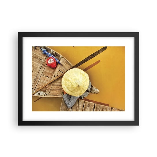 Obraz - Plakat - Życie na żółtej rzece - 40x30cm - Rzeka Mekong Łódka Drewniany Pomost - Foto Plakaty na ścianę w czarnej ramie - Plakat do Salonu Sypialni ARTTOR ARTTOR