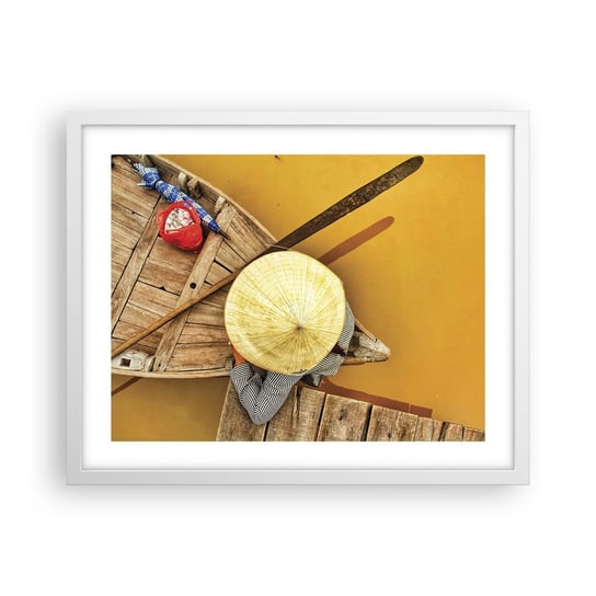 Obraz - Plakat - Życie na żółtej rzece - 50x40cm - Rzeka Mekong Łódka Drewniany Pomost - Foto Plakaty w ramie koloru białego do Salonu Sypialni ARTTOR ARTTOR