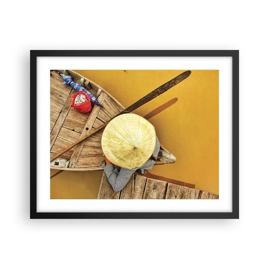 Obraz - Plakat - Życie na żółtej rzece - 50x40cm - Rzeka Mekong Łódka Drewniany Pomost - Foto Plakaty w ramie koloru czarnego do Salonu Sypialni ARTTOR ARTTOR
