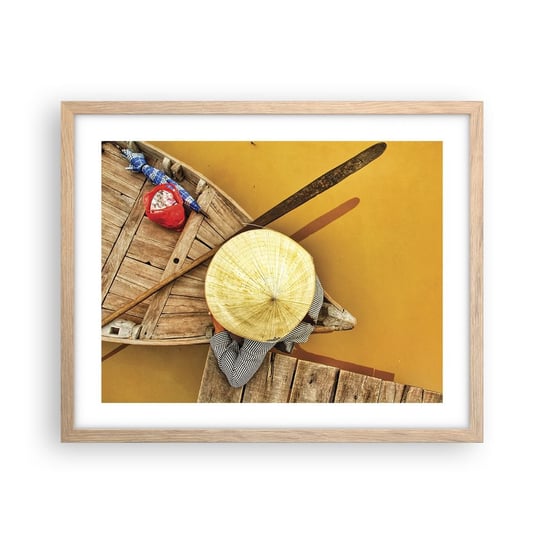 Obraz - Plakat - Życie na żółtej rzece - 50x40cm - Rzeka Mekong Łódka Drewniany Pomost - Foto Plakaty w ramie koloru jasny dąb do Salonu Sypialni ARTTOR ARTTOR