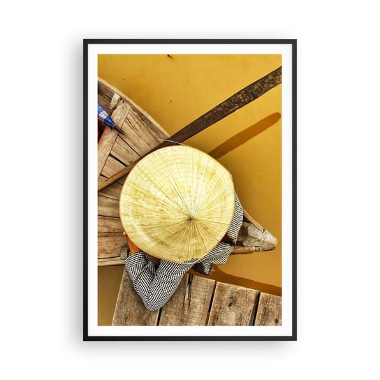 Obraz - Plakat - Życie na żółtej rzece - 70x100cm - Rzeka Mekong Łódka Drewniany Pomost - Foto Plakaty w ramie koloru czarnego do Salonu Sypialni ARTTOR ARTTOR