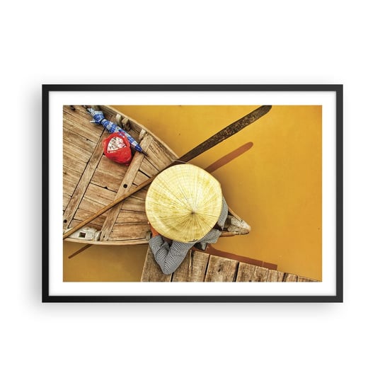 Obraz - Plakat - Życie na żółtej rzece - 70x50cm - Rzeka Mekong Łódka Drewniany Pomost - Nowoczesny modny obraz Plakat czarna rama ARTTOR ARTTOR