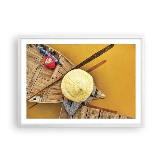 Obraz - Plakat - Życie na żółtej rzece - 70x50cm - Rzeka Mekong Łódka Drewniany Pomost - Nowoczesny modny obraz Plakat rama biała ARTTOR ARTTOR