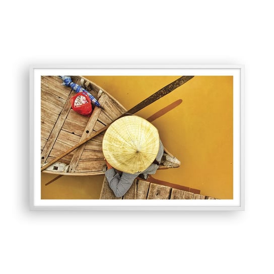 Obraz - Plakat - Życie na żółtej rzece - 91x61cm - Rzeka Mekong Łódka Drewniany Pomost - Foto Plakaty na ścianę w ramie białej - Plakat do Salonu Sypialni ARTTOR ARTTOR