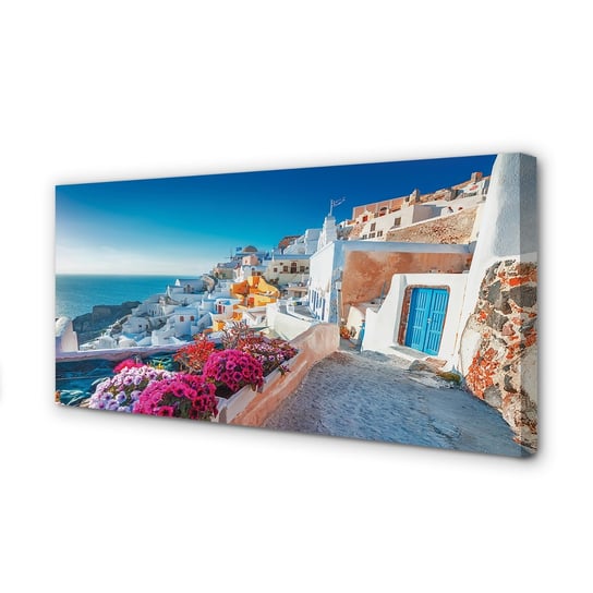 Obraz płótno TULUP Grecja Budynki morze kwiaty, 100x50 cm cm Tulup