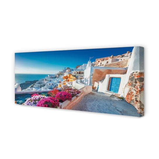 Obraz płótno TULUP Grecja Budynki morze kwiaty, 125x50 cm Tulup