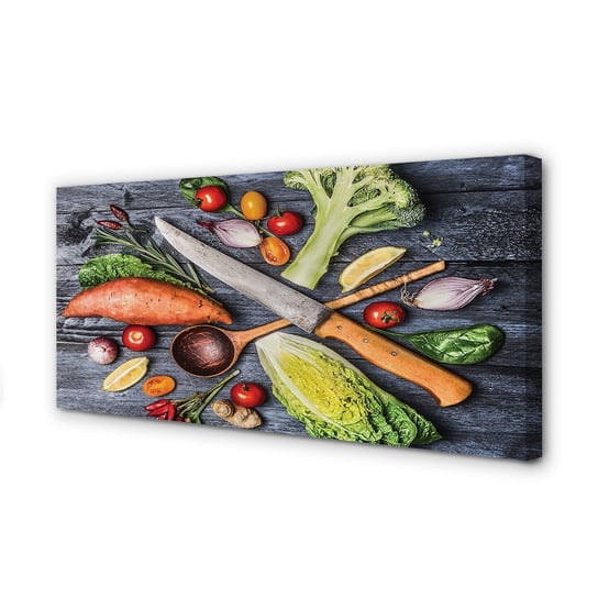 Obraz płótno TULUP Nóż bataty szpinak pomidorki, 100x50 cm cm Tulup