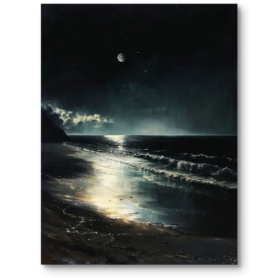 Obraz realistyczny nocna plaża w blasku księżyca do sypialni czarno-biały ciemny niebieski 70x100 cm MieszkoMieszko