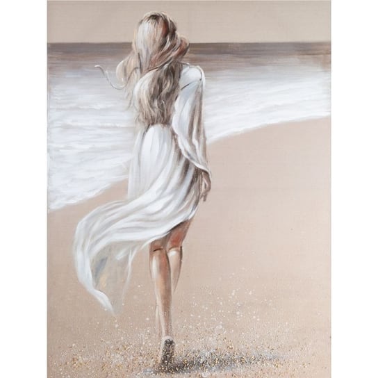 Obraz Ręcznie Malowany Kobieta Na Plaży 90X120 Biały + Beżowy Eurofirany