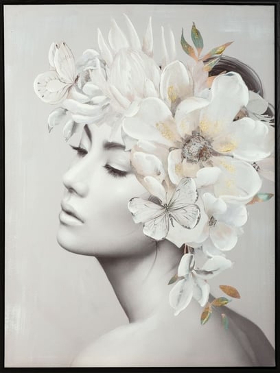Obraz Ręcznie Malowany Kobieta Z Fryzurą Kwiaty 60X80 Szary + Kremowy Eurofirany
