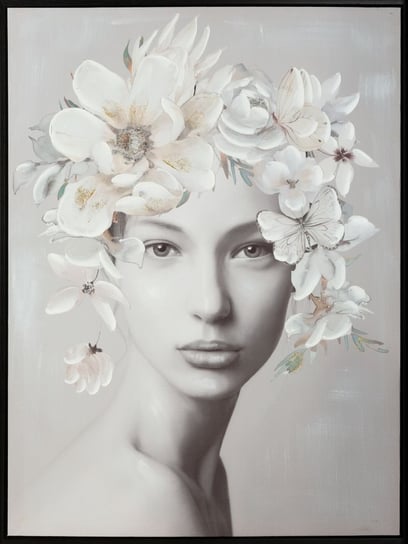 Obraz Ręcznie Malowany Kobieta Z Fryzurą Kwiaty Motyle 60X80 Szary Eurofirany