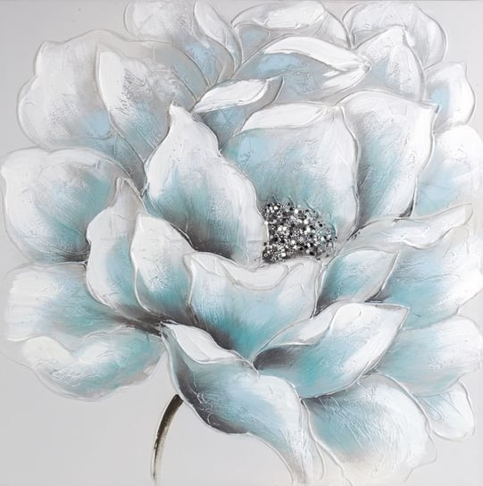 Obraz Ręcznie Malowany Kwiat Z Brokatem 80X80 Turkusowy + Popielaty Eurofirany