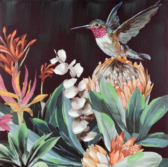 Obraz Ręcznie Malowany Kwiaty I Ptak 60X60 Wielokolorowy Eurofirany