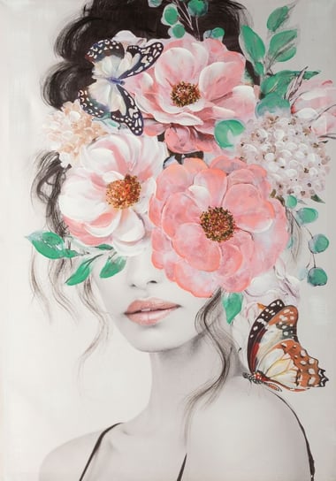 Obraz Ręcznie Malowany Na Płotnie Kobieta Z Fryzurą Kwiaty 70X100 Różowy Eurofirany
