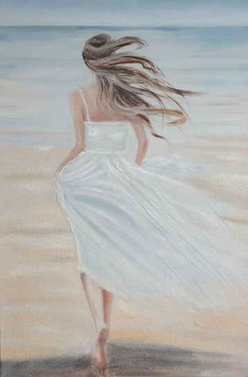 Obraz Ręcznie Malowany Z Elementami 3D Kobieta Na Plaży 80X120 Kremowy Eurofirany