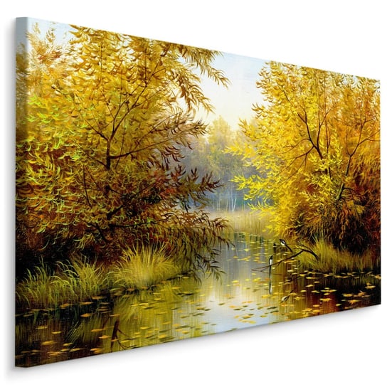Obraz Ścienny Do Salonu Jesienny PEJZAŻ Las Jezioro Drzewa Malunek 40cm x 30cm Muralo