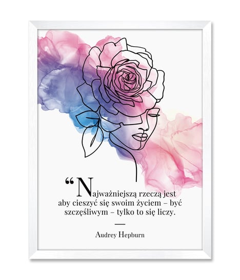 Obraz styl Line Art do sypialni kwiat róża kobieta twarz z cytatem Audrey Hepburn iWALL studio