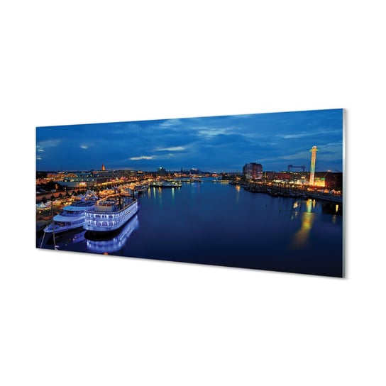 Obraz szklany TULUP Statek morze miasto nocą, 125x50 cm Tulup