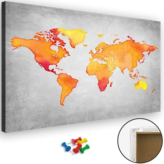 Obraz tablica korkowa FEEBY, Mapa Świata Pomarańczowy 120x80 Feeby