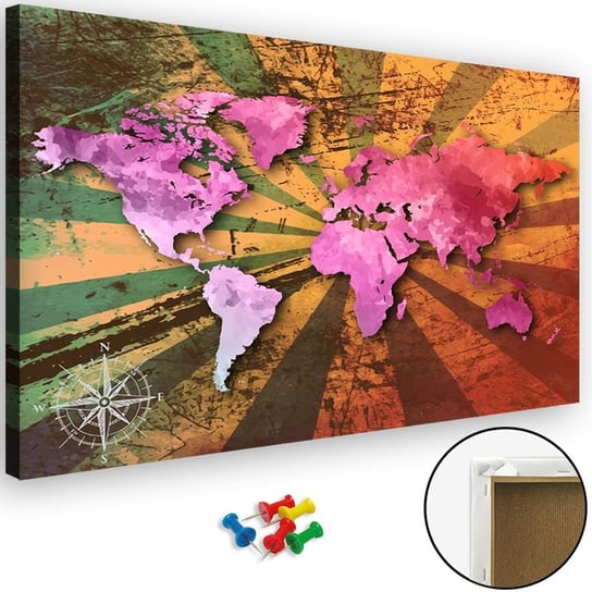 Obraz tablica korkowa FEEBY, Różowa Mapa Świata Retro 120x80 Feeby