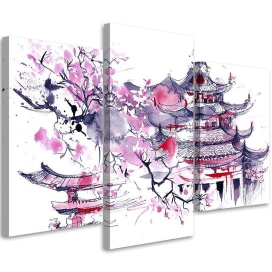 Obraz tryptyk na p��tnie, Malowana japo�ska pagoda i kwiat wi�ni - 150x100 Inna marka