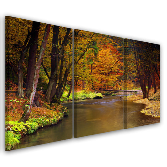Obraz tryptyk na płótnie trzyczęściowy FEEBY, Jesienny Las Rzeka 120x80 Feeby