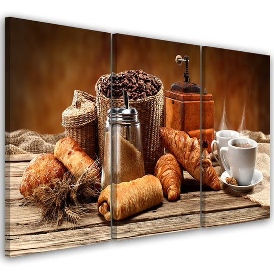 Obraz tryptyk na płótnie trzyczęściowy FEEBY, Kawa Pieczywo Francuskie 120x60 Feeby