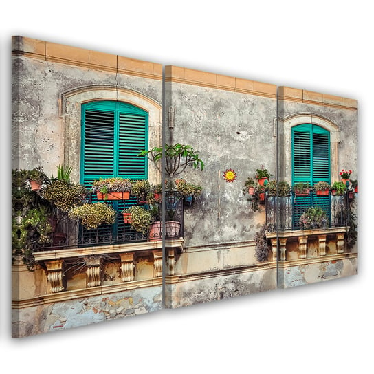 Obraz tryptyk na płótnie trzyczęściowy FEEBY, Uliczka Włochy Okno Kwiaty 60x30 Feeby