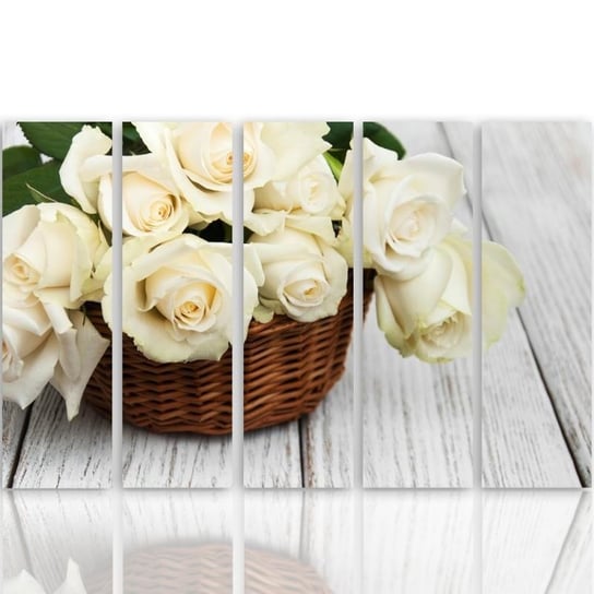 Obraz tryptyk pięcioczęściowy FEEBY, Białe Róże Kwiaty Natura 100x70 Feeby