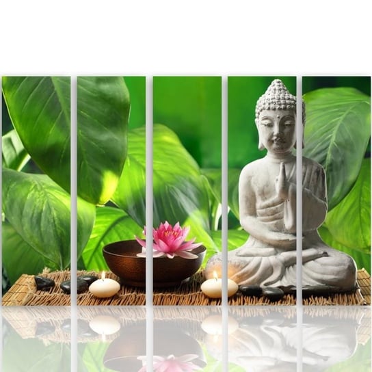 Obraz tryptyk pięcioczęściowy FEEBY, Buddha Liście Kwiaty 100x70 Feeby