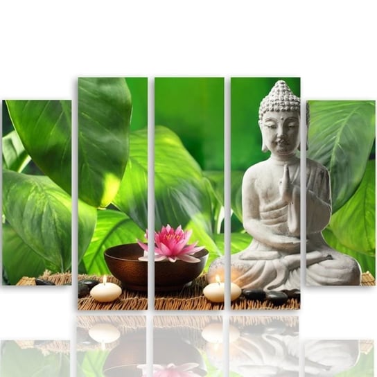 Obraz tryptyk pięcioczęściowy FEEBY, Buddha Liście Kwiaty 300x140 Feeby