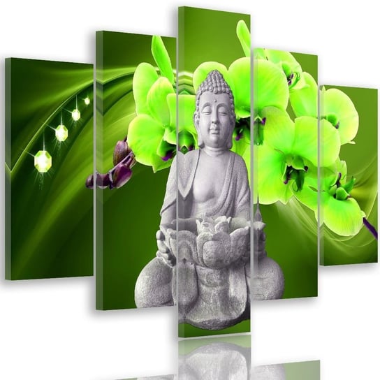Obraz tryptyk pięcioczęściowy FEEBY, DEKOR Siedzący Buddha Zielony Kwiat 100x70 Feeby